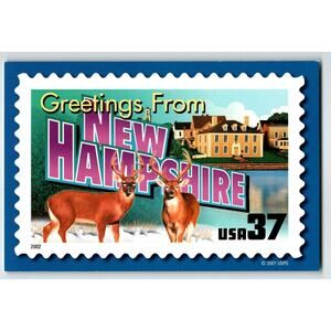 Greetings From New Hampshire Large Letter Chrome Postcard USPS 2001 Deer Unused